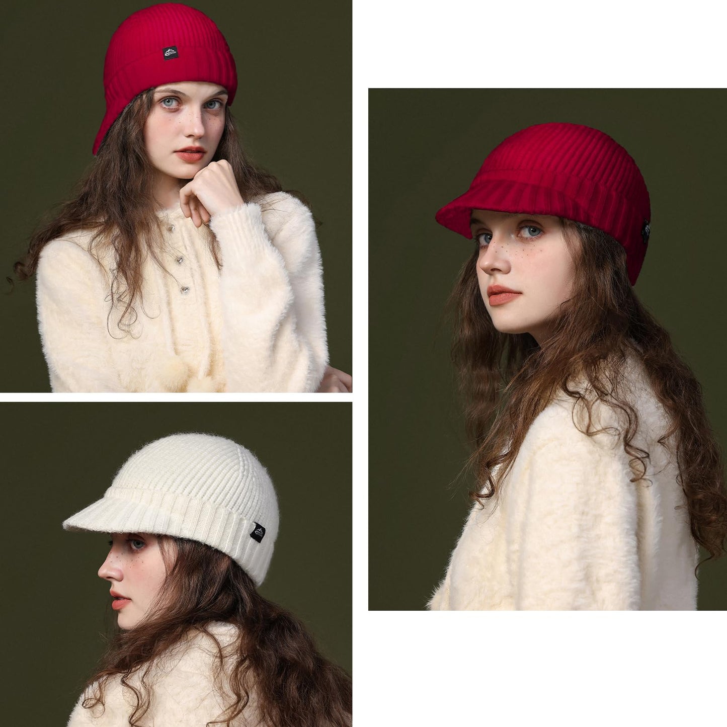 Winter Knit Beanie with Visor Loose Warm Snow Ski Hat – One Size