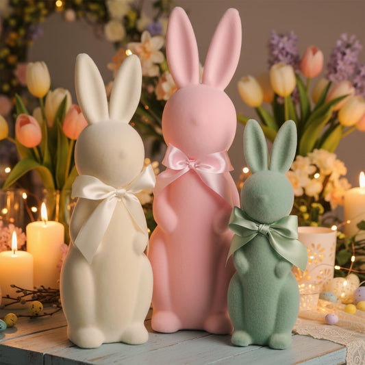 Fluffy Easter Bunny Figurines 3-Piece Set with Eggs Spring Decoration - Pink/Yellow/Orange
