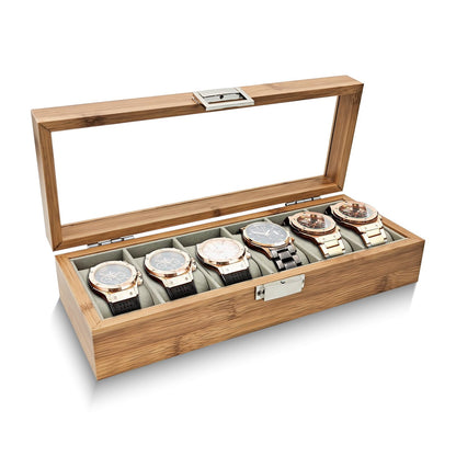 WisePoint Watch Box 6 Slot, Wooden Watch Case Watch Holder with Removable Cushion, Retro Watch Box Watch Storage Box for