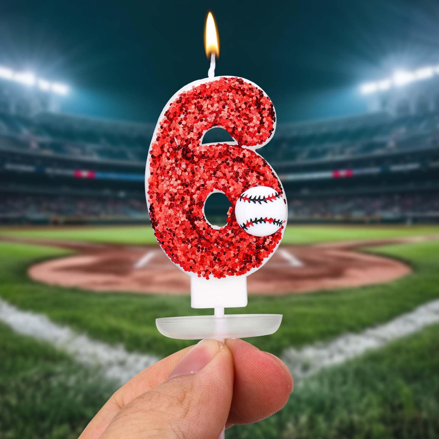 Baseball Birthday Number Candle, 7.5cm Glitter Happy Birthday Cake Topper Red Sequin Number Candle Sports Theme Baseball Cake