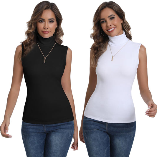 Women's Sleeveless Turtleneck Top 2-Pack Thin Stretch Undershirts – Black & White XL