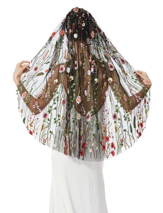 Fingertip Floral Embroidered Tulle Bridal Veil 1-Layer with Comb – White