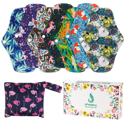 Phogary Reusable Pads, Antibacterial Bamboo Panty Liners with Waterproof Pouch, Washable Overnight Pads for Heavy Menstrual