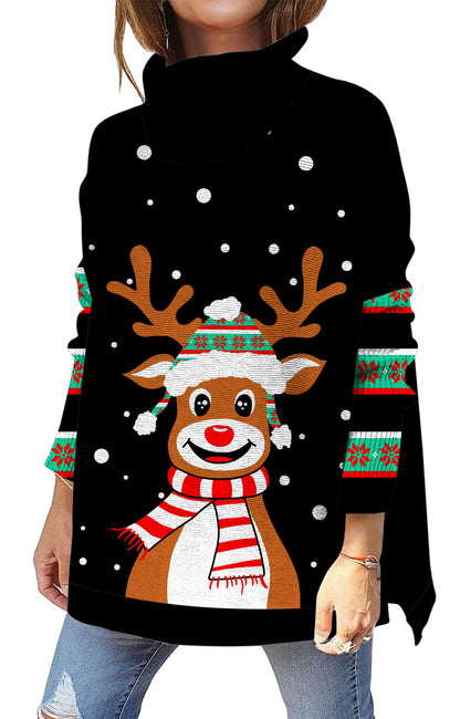 Women's Christmas Sweater Turtleneck – Ugly Moose Print Long Sleeve Loose Fit M
