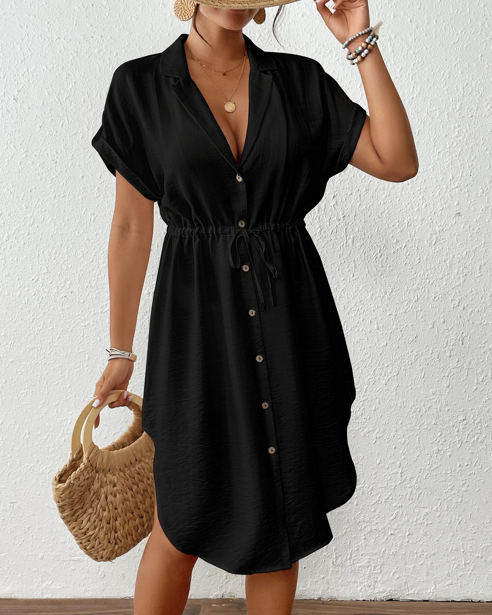 Women's Button-Down Swimwear Cover-Up Short Sleeve Tie Waist – Black S