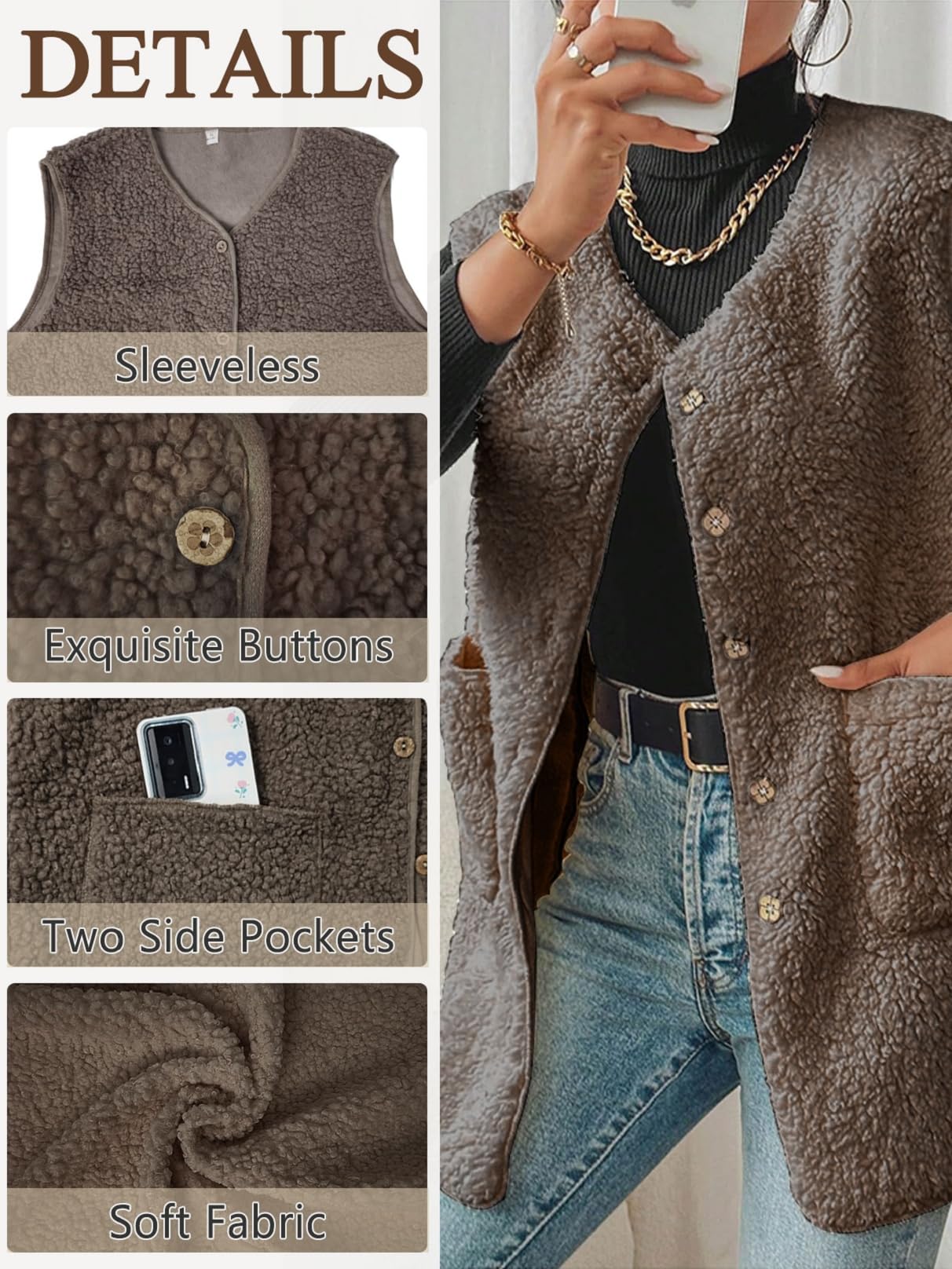 Long Teddy Fleece Vest Women's Sleeveless Warm Lightweight V-Neck Casual Button-Up – Long