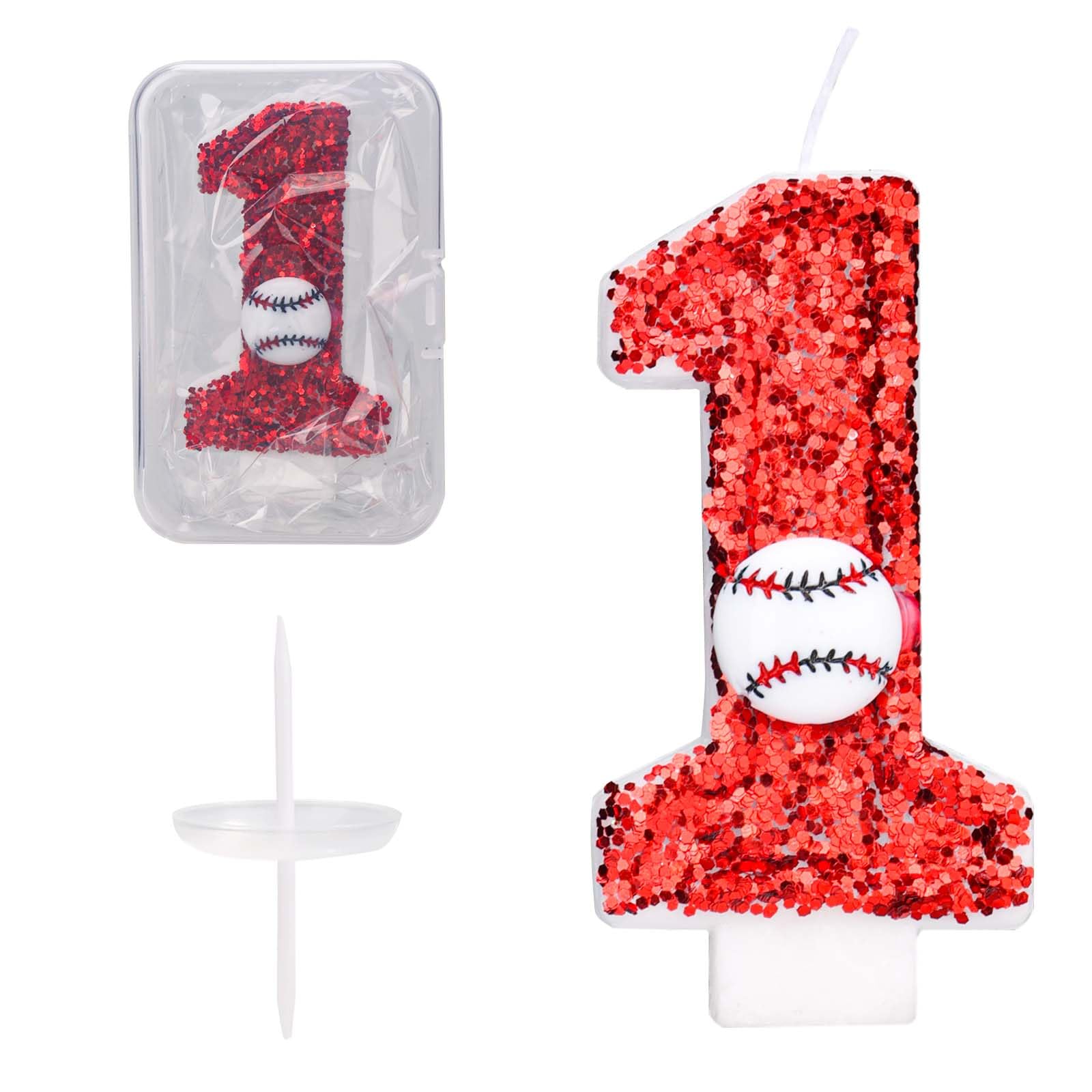 Birthday Number Candle 7.5cm Glitter Baseball Cake Topper – Red (1)