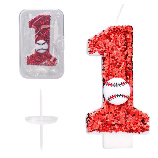 Birthday Number Candle 7.5cm Glitter Baseball Cake Topper – Red (1)