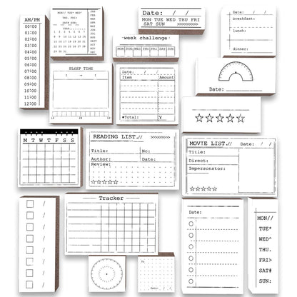 Wooden Rubber Stamp Set 18pcs with Ink Pads Date & Bullet Journal Stamps for Scrapbooking DIY – Assorted 18pcs