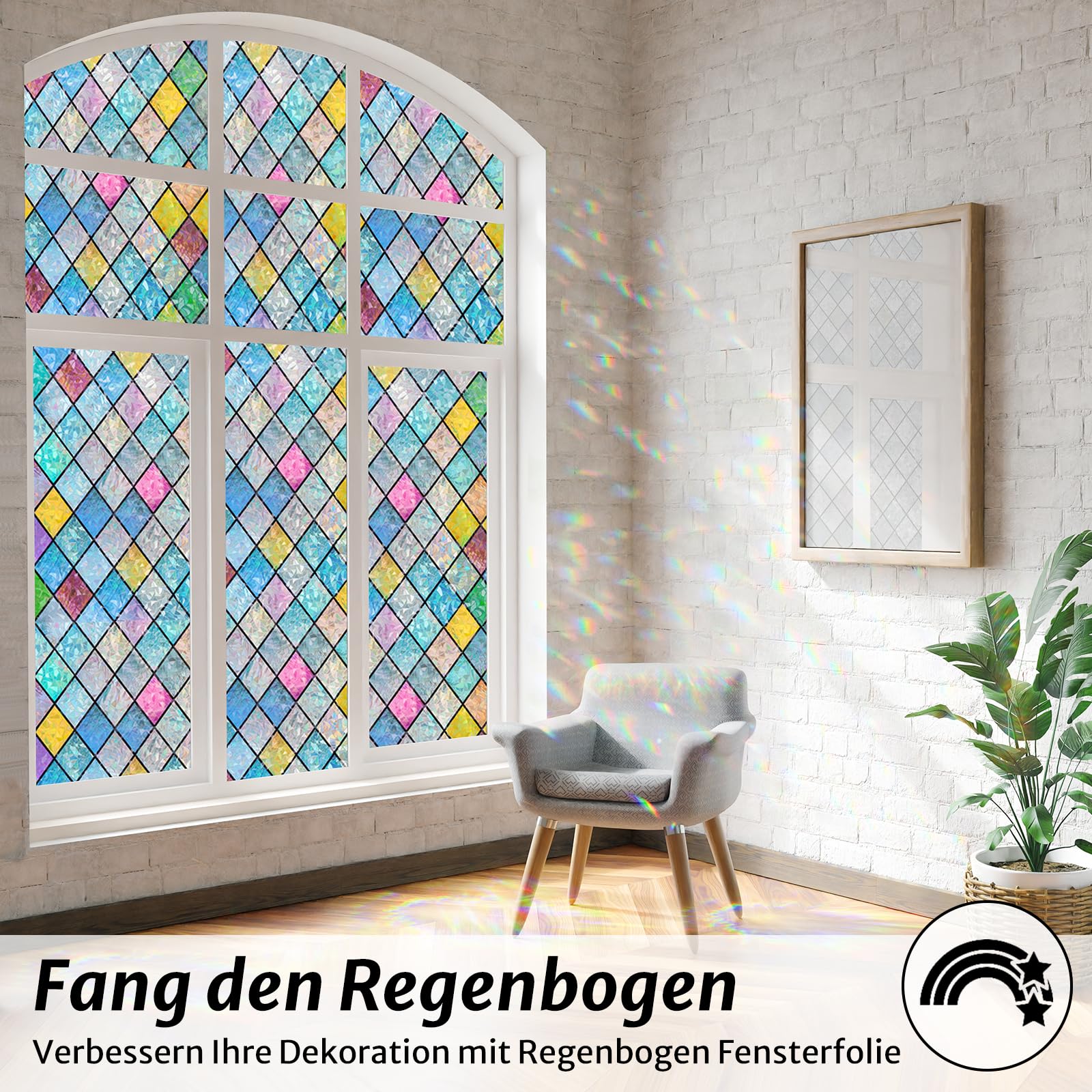rabbitgoo Window Film Opaque Self-Adhesive, Privacy Film Window Diamond Colorful, 3D Rainbow Film Window 60x200cm Static