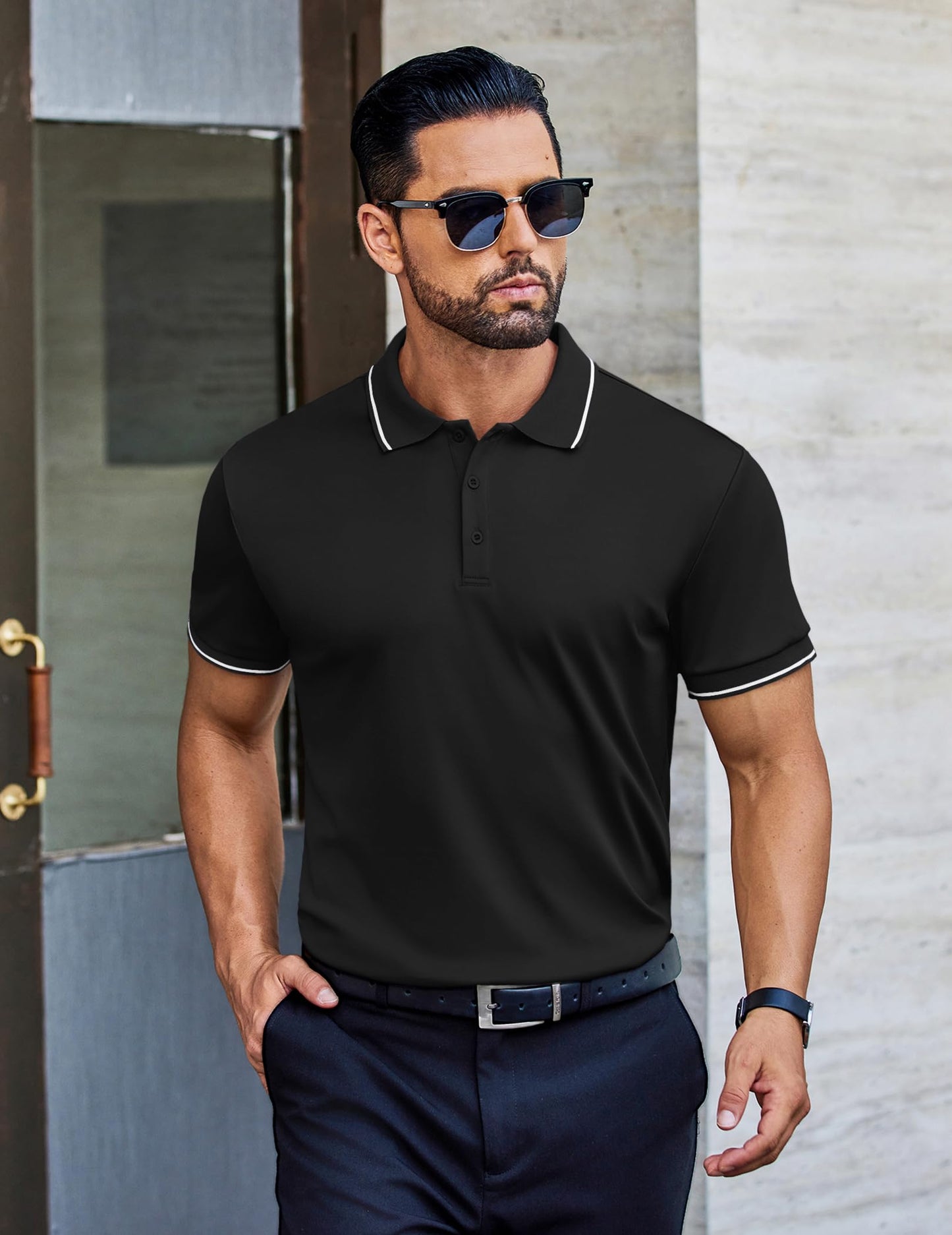 Men’s Golf Polo Shirt Short Sleeve Breathable Sport – Black XXL
