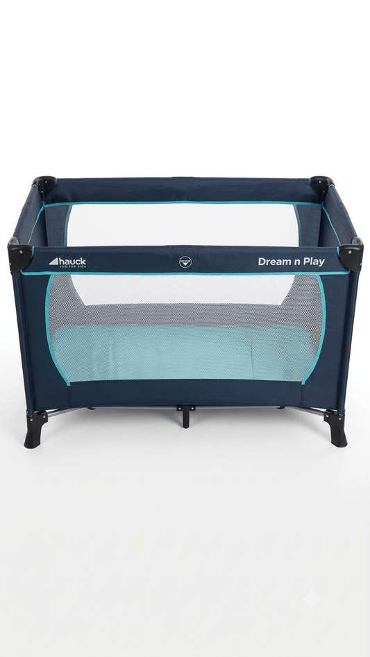 Saliekamā ceļojumu gultiņa Hauck Dream n Play (zila/tumši zila) - Gultify