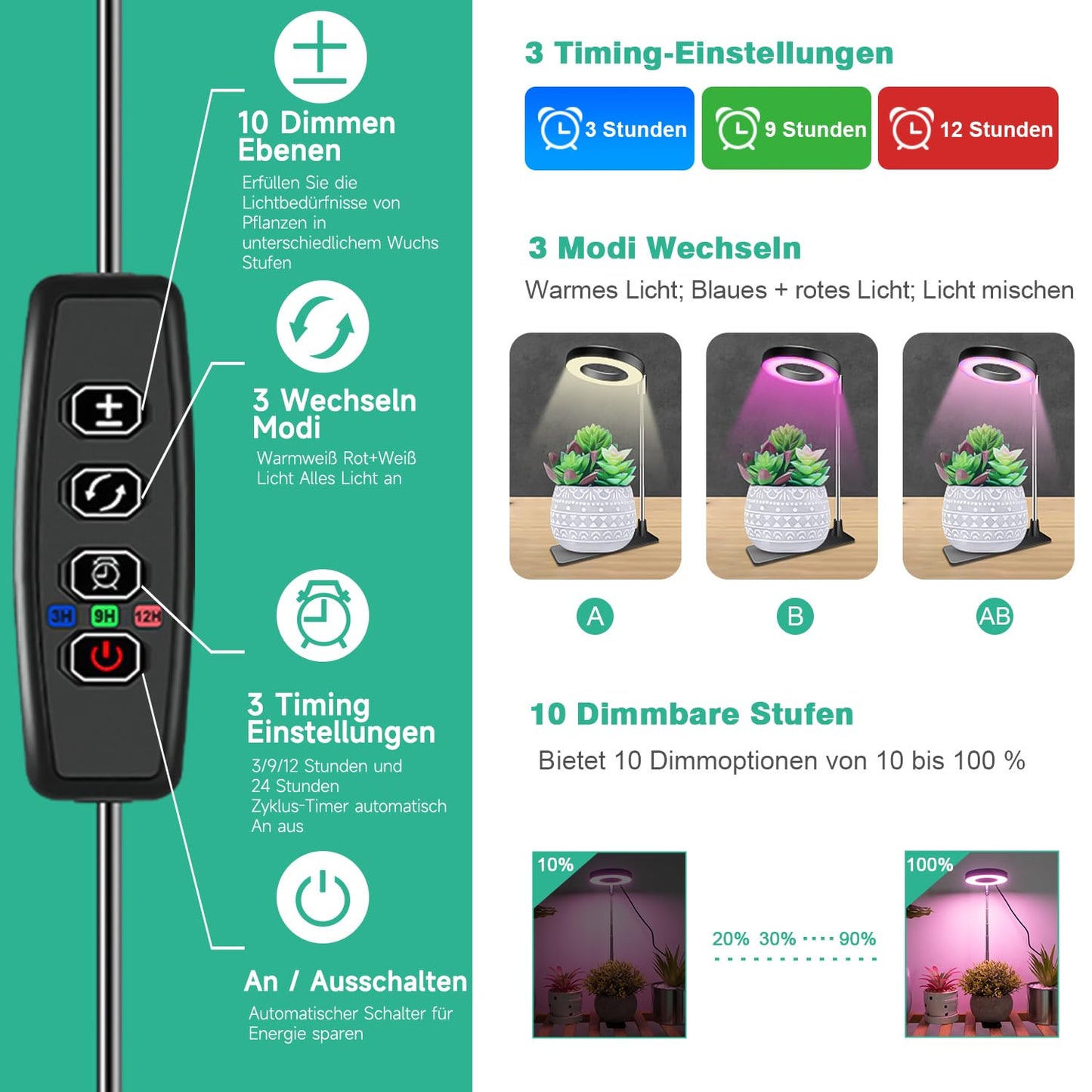 Wiaxulay LED Plant Lamp Full Spectrum for Indoor Plants Grow Light with 3 Modes Full Spectrum, 10 Brightness Levels, 3/9/12Hrs Timer, Plant Light, Height Adjustable Plant Light Base, 1 piece