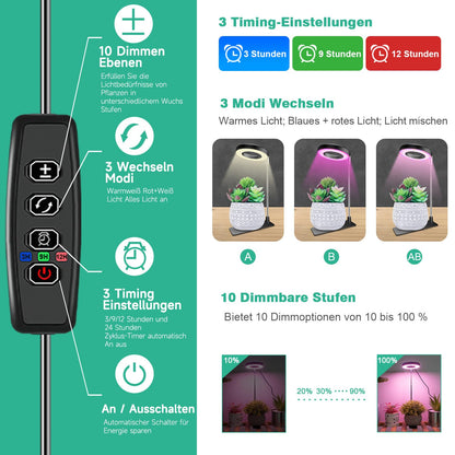 Wiaxulay LED Plant Lamp Full Spectrum for Indoor Plants Grow Light with 3 Modes Full Spectrum, 10 Brightness Levels, 3/9/12Hrs Timer, Plant Light, Height Adjustable Plant Light Base, 1 piece