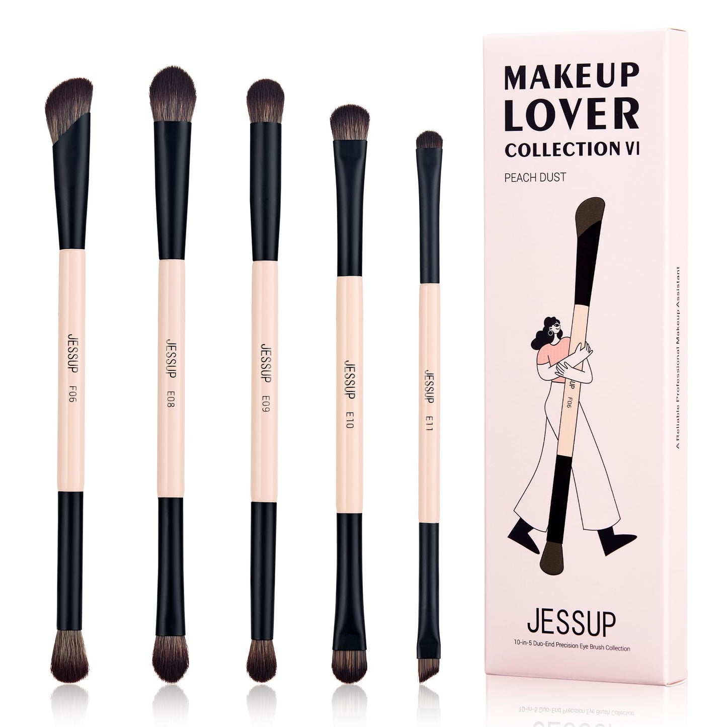 Jessup Eye Brush Set 10-in-5 Double-Ended Precision Vegan Brushes – Peach Dust