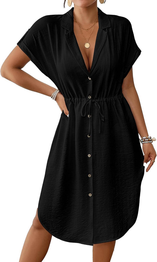 Women's Button-Down Swimwear Cover-Up Short Sleeve Tie Waist – Black S