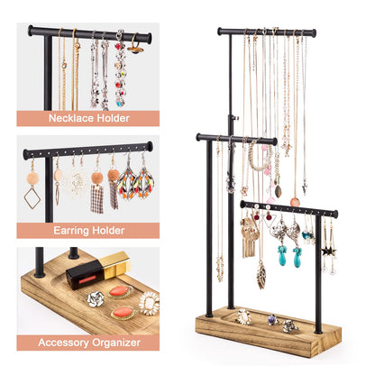SRIWATANA Jewelry Stand Wooden Jewelry Holder Chain Holder 3 Rods Rotatable (51cm) Jewelry Tree Jewelry Storage for Necklaces