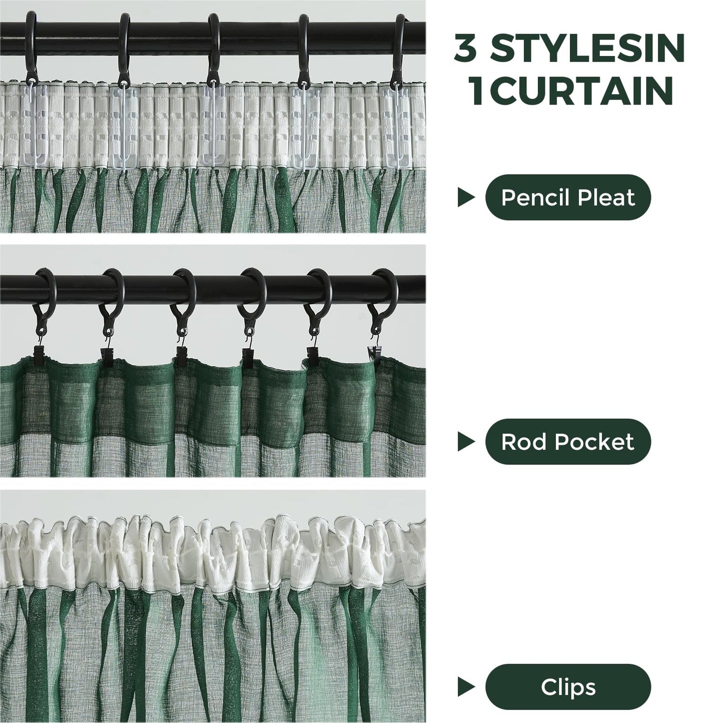 MRTREES Green curtains with ruffle tape, set of 2, 250 cm long, curtains with ruffle tape for rail, 140 cm wide, linen look