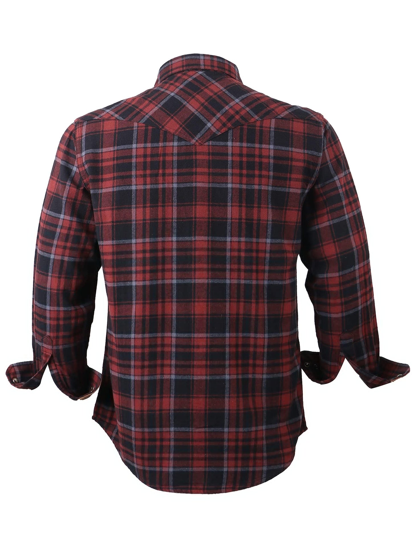 Men's Long-Sleeved Flannel Check Shirt Snap Buttons Pocket Regular Fit – Russet/Brown/Black 2XL