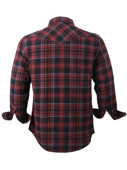 Men's Long-Sleeved Flannel Check Shirt Snap Buttons Pocket Regular Fit – Russet/Brown/Black 2XL