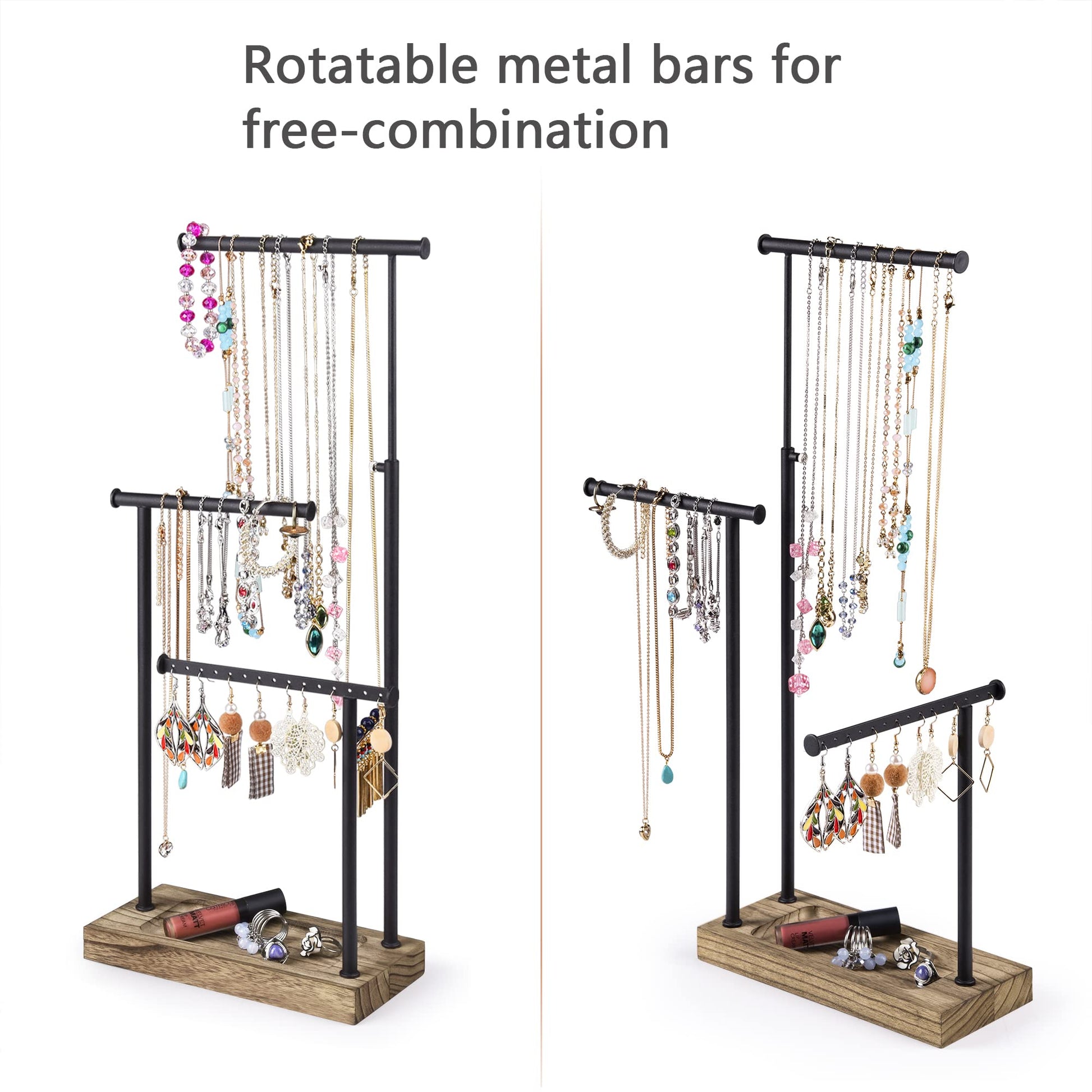 SRIWATANA Jewelry Stand Wooden Jewelry Holder Chain Holder 3 Rods Rotatable (51cm) Jewelry Tree Jewelry Storage for Necklaces