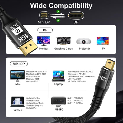 Mini DisplayPort to DisplayPort 16K Cable 2m 80Gbps Bidirectional – Black