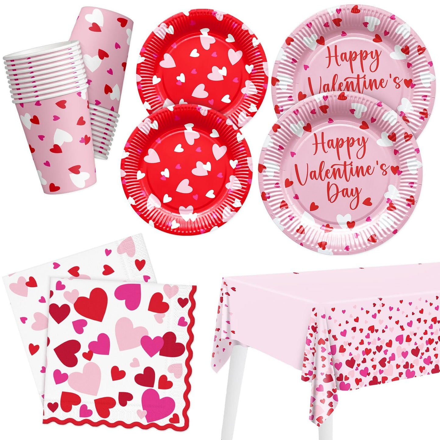 Valentine Tableware Set Plates Cups Napkins for 24 People – Red/Pink 24pc