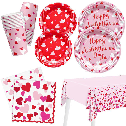 Valentine Tableware Set Plates Cups Napkins for 24 People – Red/Pink 24pc