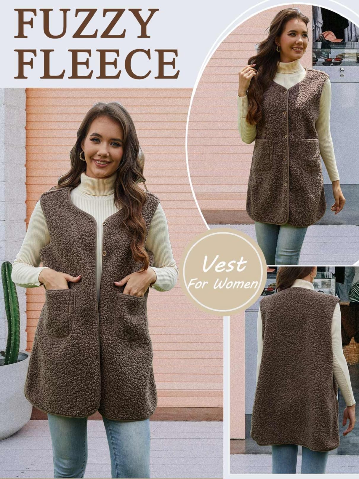 Long Teddy Fleece Vest Women's Sleeveless Warm Lightweight V-Neck Casual Button-Up – Long