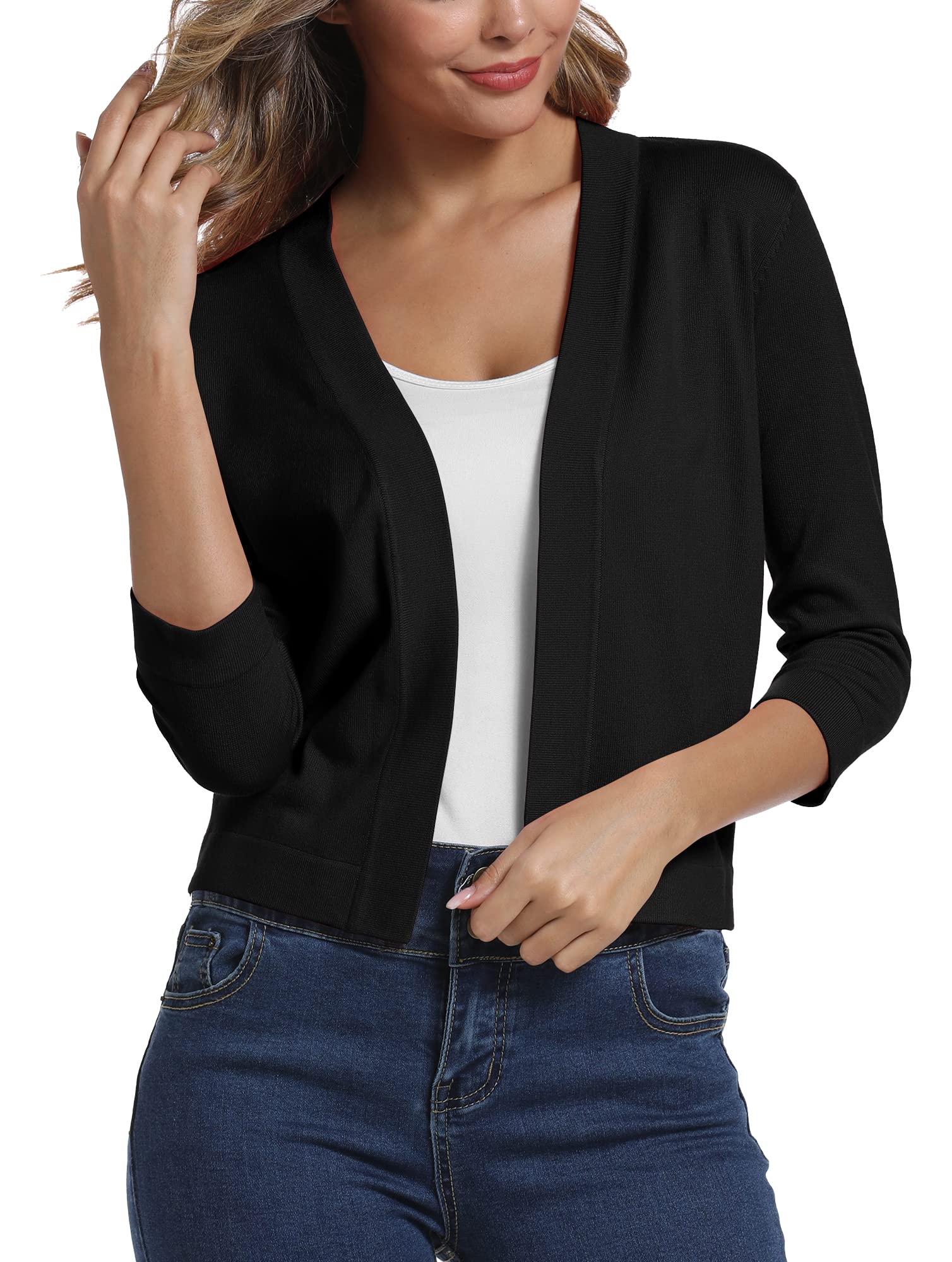 Women's 3/4 Sleeve Open Front Bolero Cardigan Shrug Solid Cardigan Top (L, Black)