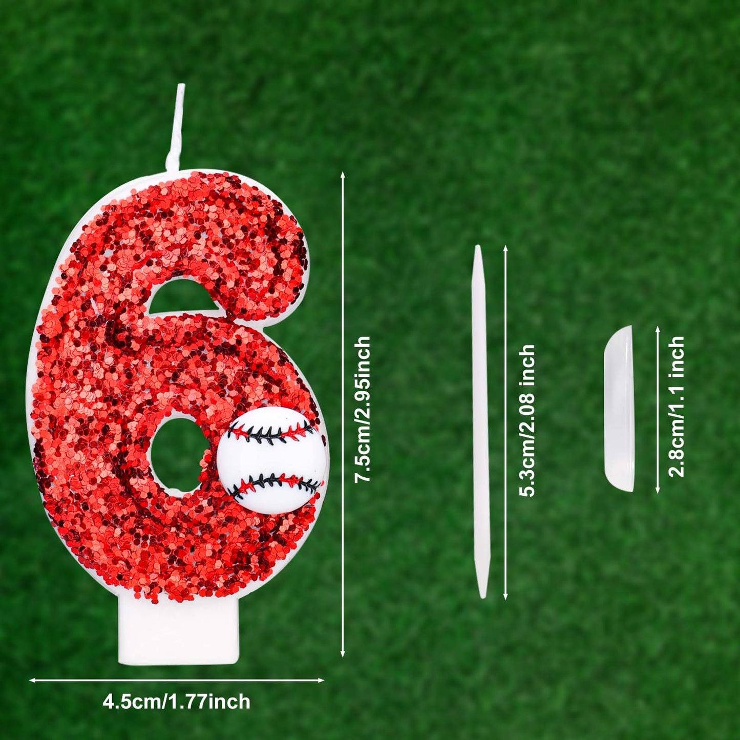 Baseball Birthday Number Candle, 7.5cm Glitter Happy Birthday Cake Topper Red Sequin Number Candle Sports Theme Baseball Cake