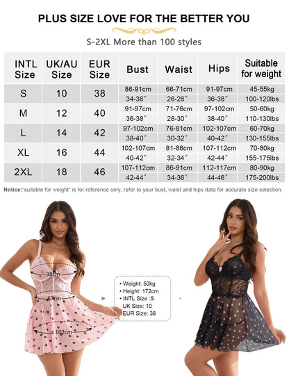 comeondear Babydoll Negligee Plus Size Lingerie Set with Push-Up Cups – Black XL