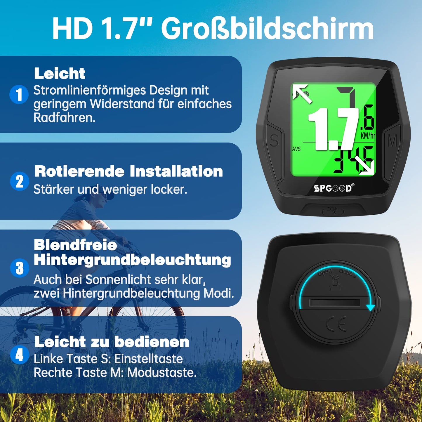 SPGOOD Wireless Bike Computer, 21 Functions, IP54 Waterproof with Backlit Display, Automatic Start/Stop & Automatic Memory,