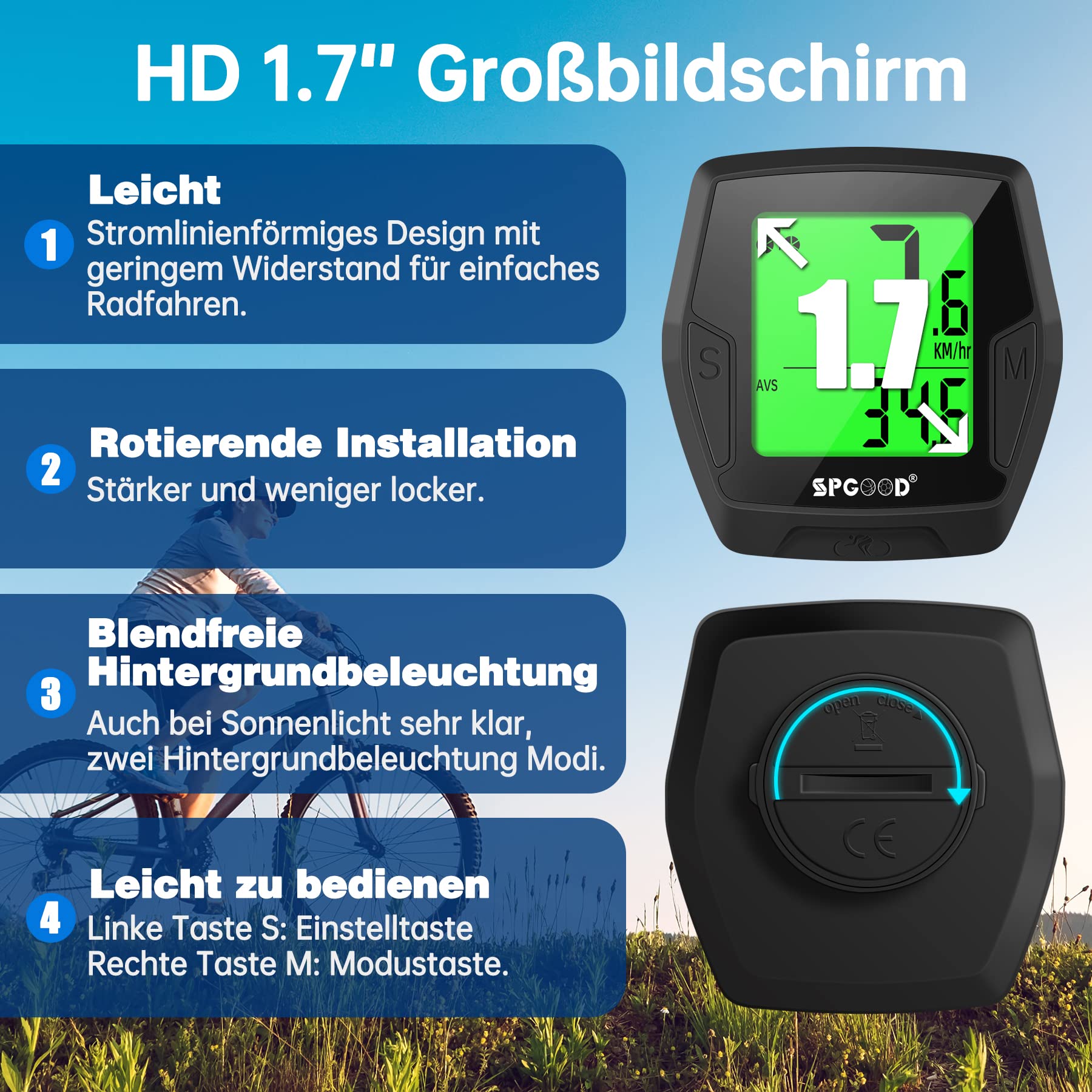 SPGOOD Wireless Bike Computer, 21 Functions, IP54 Waterproof with Backlit Display, Automatic Start/Stop & Automatic Memory,