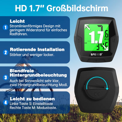 SPGOOD Wireless Bike Computer, 21 Functions, IP54 Waterproof with Backlit Display, Automatic Start/Stop & Automatic Memory,