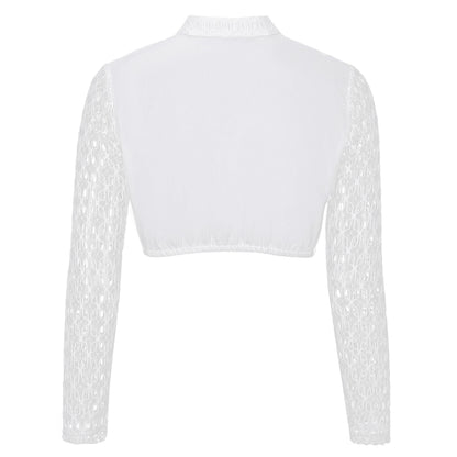 Dirndl Blouse Women's High-Neck Long-Sleeved Lace Cotton – White Beige Size 36