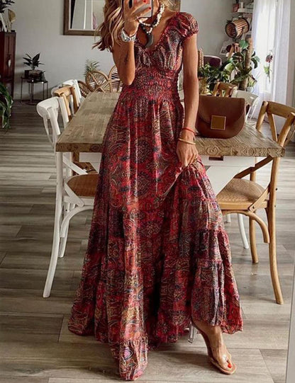Women's Boho Maxi Dress V-Neck Floral Short Sleeve Beach Casual – Red L