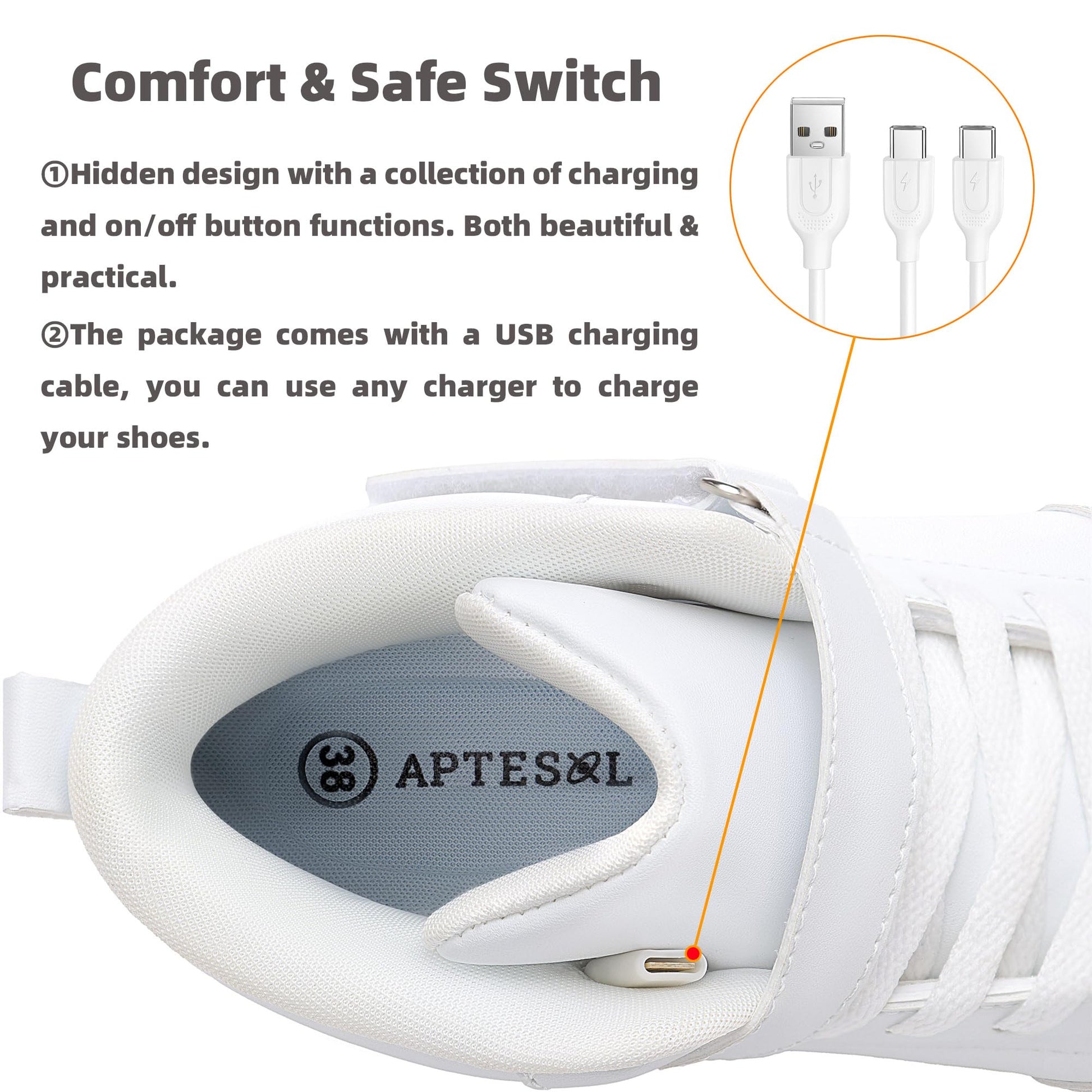 APTESOL Kids LED Light-Up High-Top Sneakers USB Rechargeable – White EU 38
