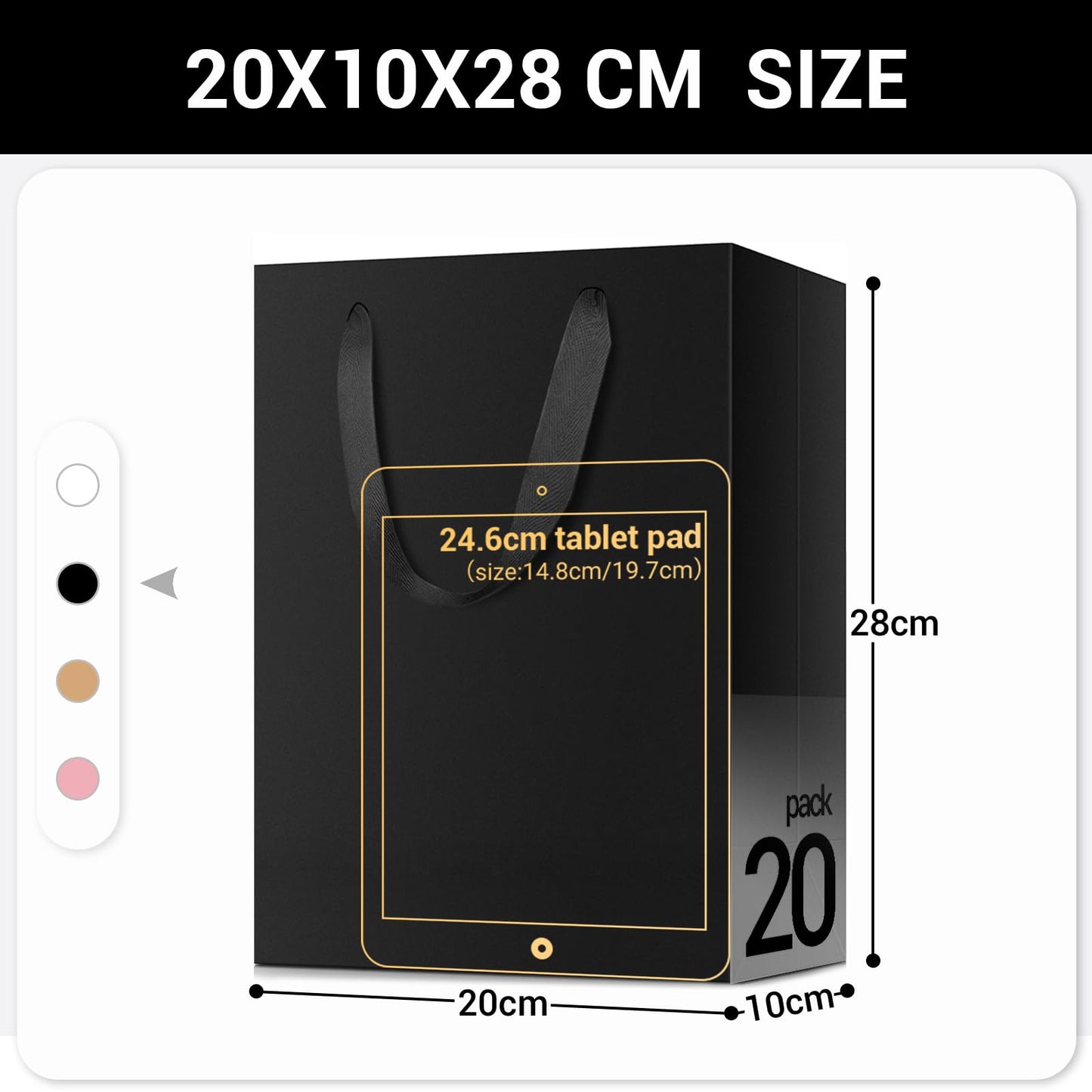 EUSOAR Gift Bags Black - 20 Pieces 250GSM Thickened Kraft Paper Gift Bag - M 20x10x28cm Paper Bags with Handle - Carrying Bag
