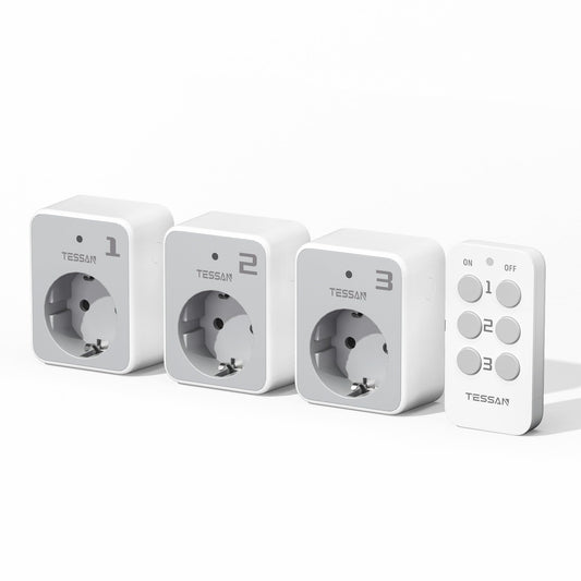 TESSAN wireless sockets with remote control set, 3 sockets with 1 handheld transmitter, range 30.5 m, remote-controlled plugs