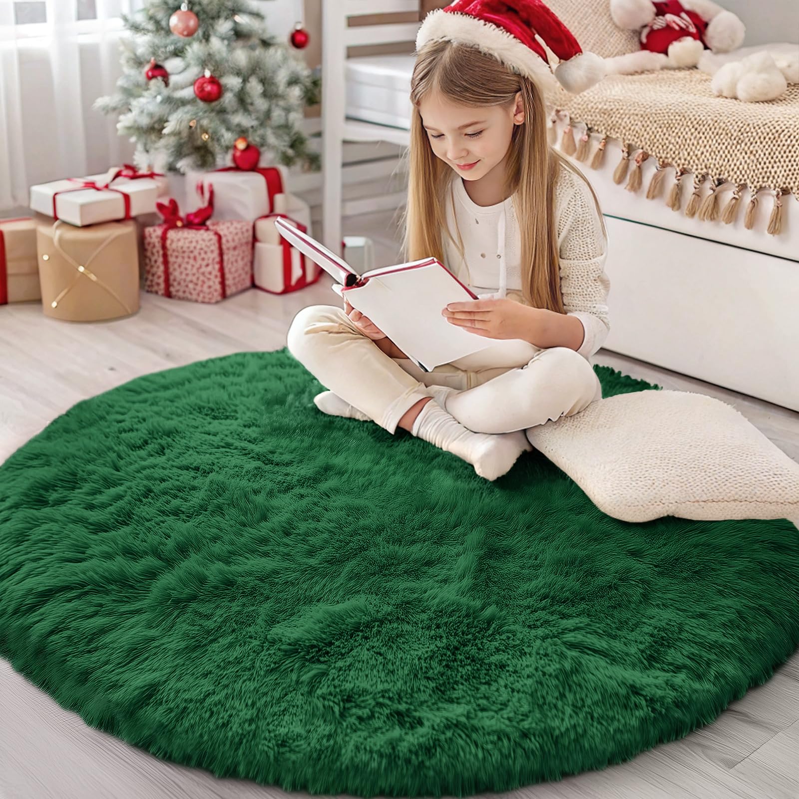 High Pile Fluffy Rug Round Washable Anti-Slip Backing – Dark Green 160cm
