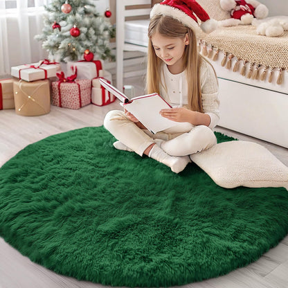 High Pile Fluffy Rug Round Washable Anti-Slip Backing – Dark Green 160cm