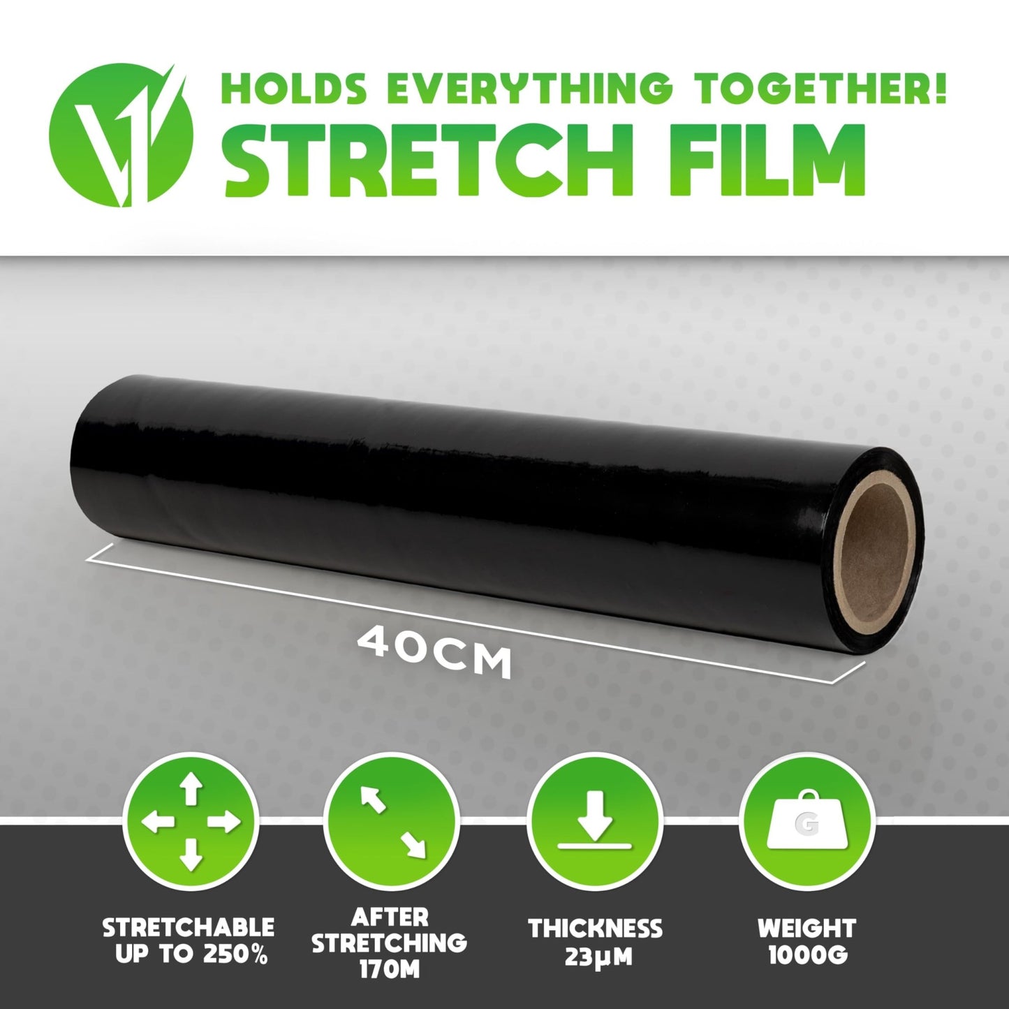 V1 Trade Stretch Film Black - Film for Furniture - Hand Moving Film 170m x 40 cm - Stretch Film Roll Black Film 23my - Packaging Film on a Roll - Wrapping Film - Moving Film Stretch 250% - Gultify