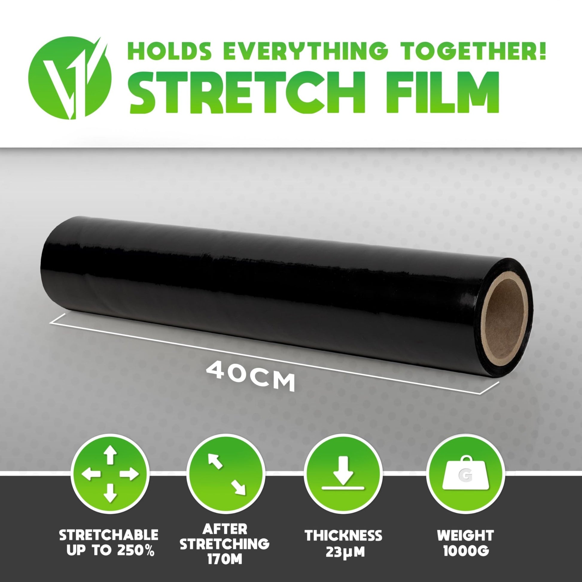 V1 Trade Stretch Film Black - Film for Furniture - Hand Moving Film 170m x 40 cm - Stretch Film Roll Black Film 23my - Packaging Film on a Roll - Wrapping Film - Moving Film Stretch 250% - Gultify