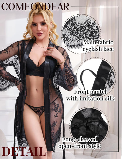 Women's Plus Size Kimono Lace Babydoll Lingerie Set – Black Robe with Thong