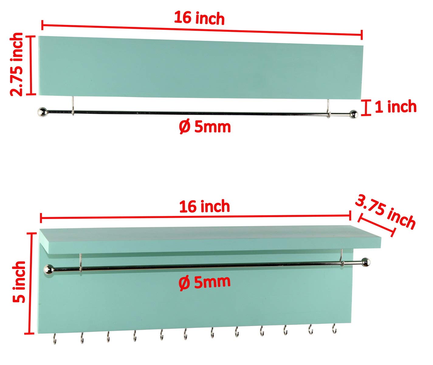 Spiretro Wall Mount Set of 2 Jewelry Holders, Removable Silver Metal Rod for Earrings, Bracelets, Hooks for Hanging