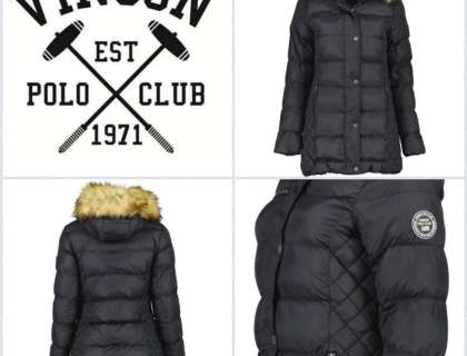 Vinson Polo Club melna dūnu jaka ar kažokādas kapuci, sieviešu ziemas jaka - Gultify