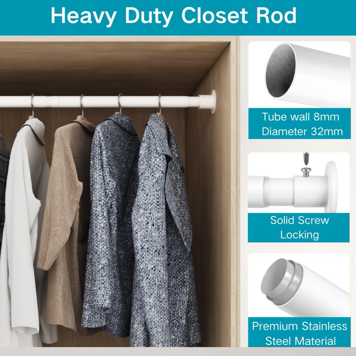 Adjustable Wardrobe Rail Heavy Duty Clothes Rod 68-90cm Ø32mm – White