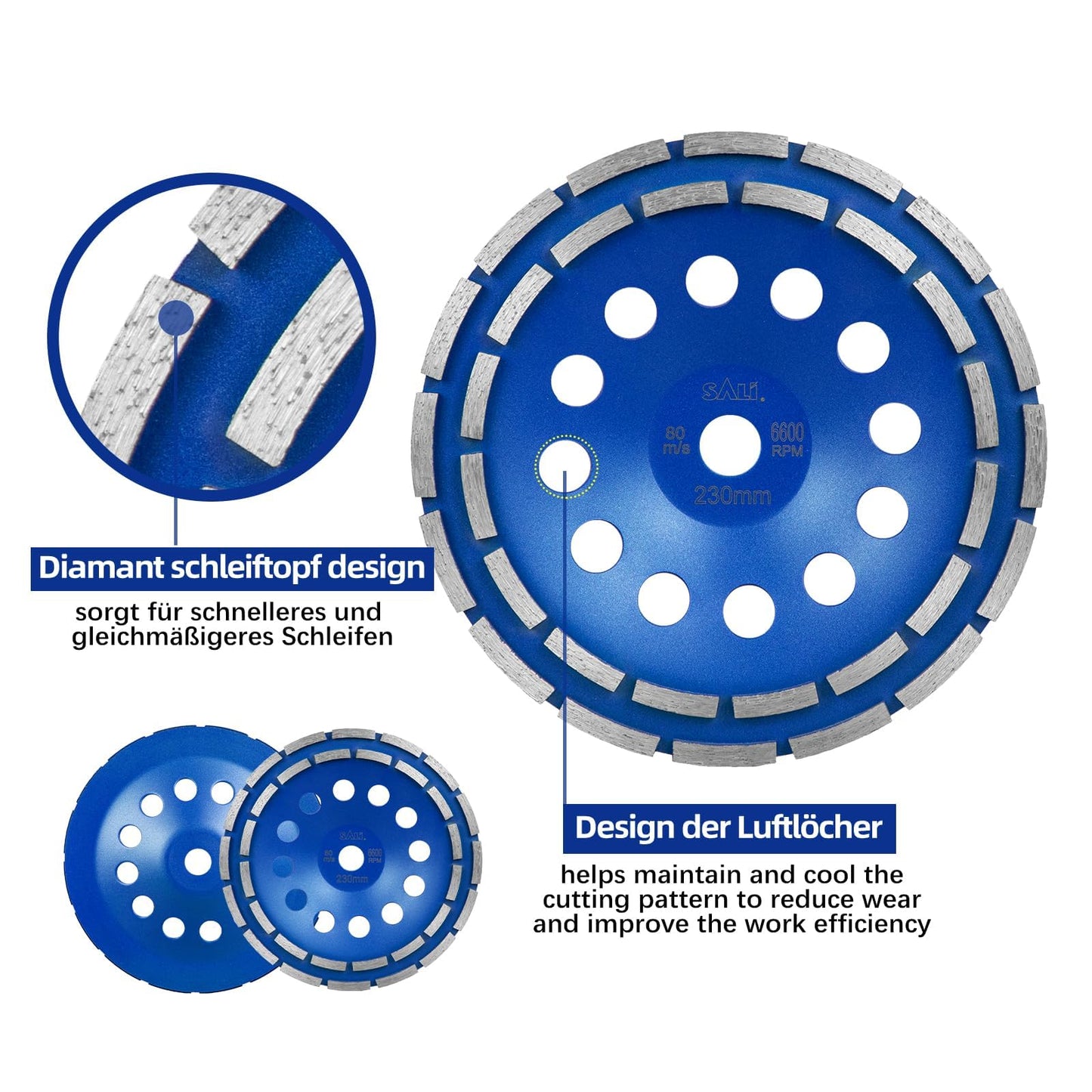 SALI High quality diamond spring, 230 x 22.2 mm, double row grinding disc, diamond plate, universal for concrete, natural