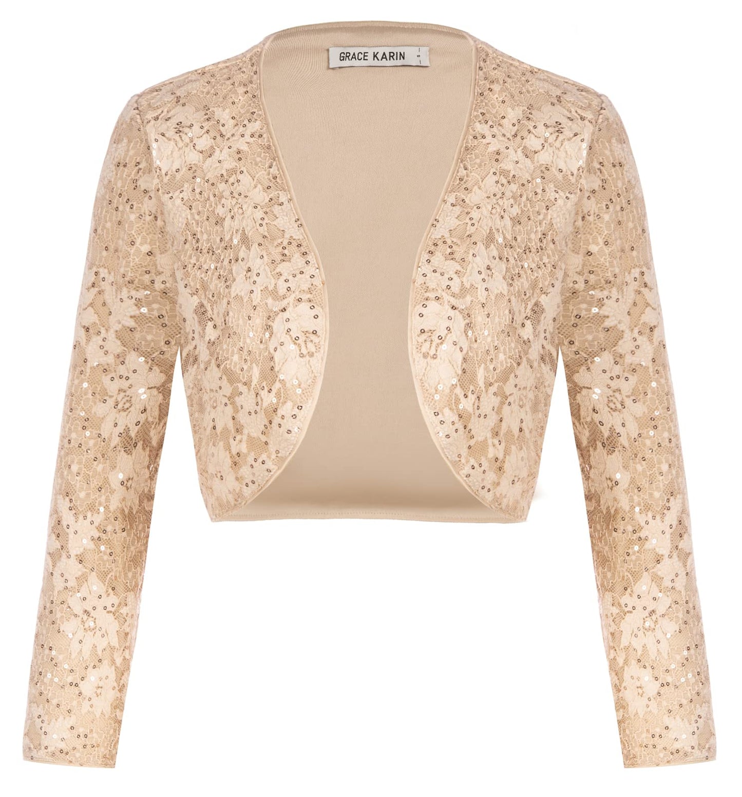 Sequin Shrug Bolero Long Sleeve 3/4 Glitter Evening Jacket 100% Polyester – Apricot XL